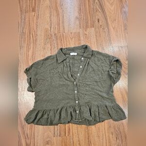 Soul Cake Cropped Olive Green Ruffled Cottagecore Button Up Y2K 90s Fairycore